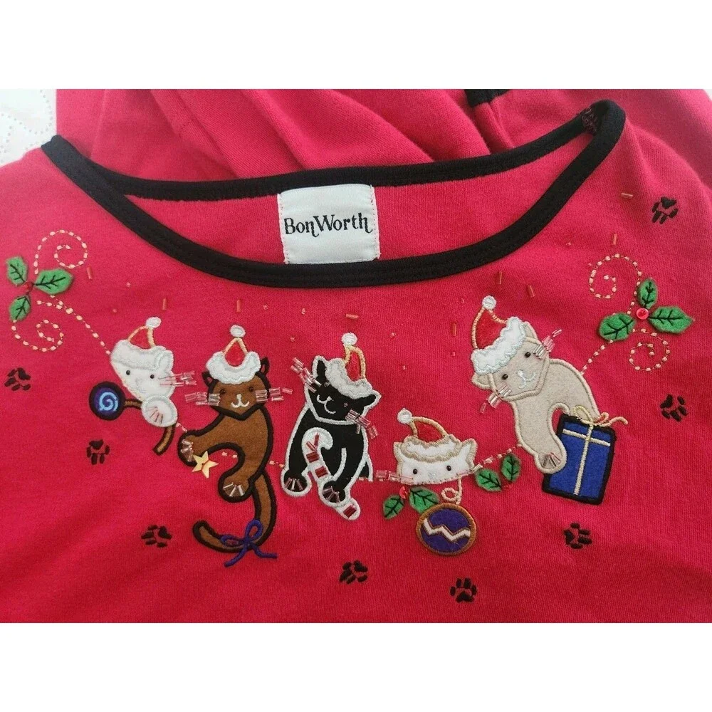 Bon Worth Womens HOLIDAY Knit Top Small Red Knit party CATS Appliqués Beaded